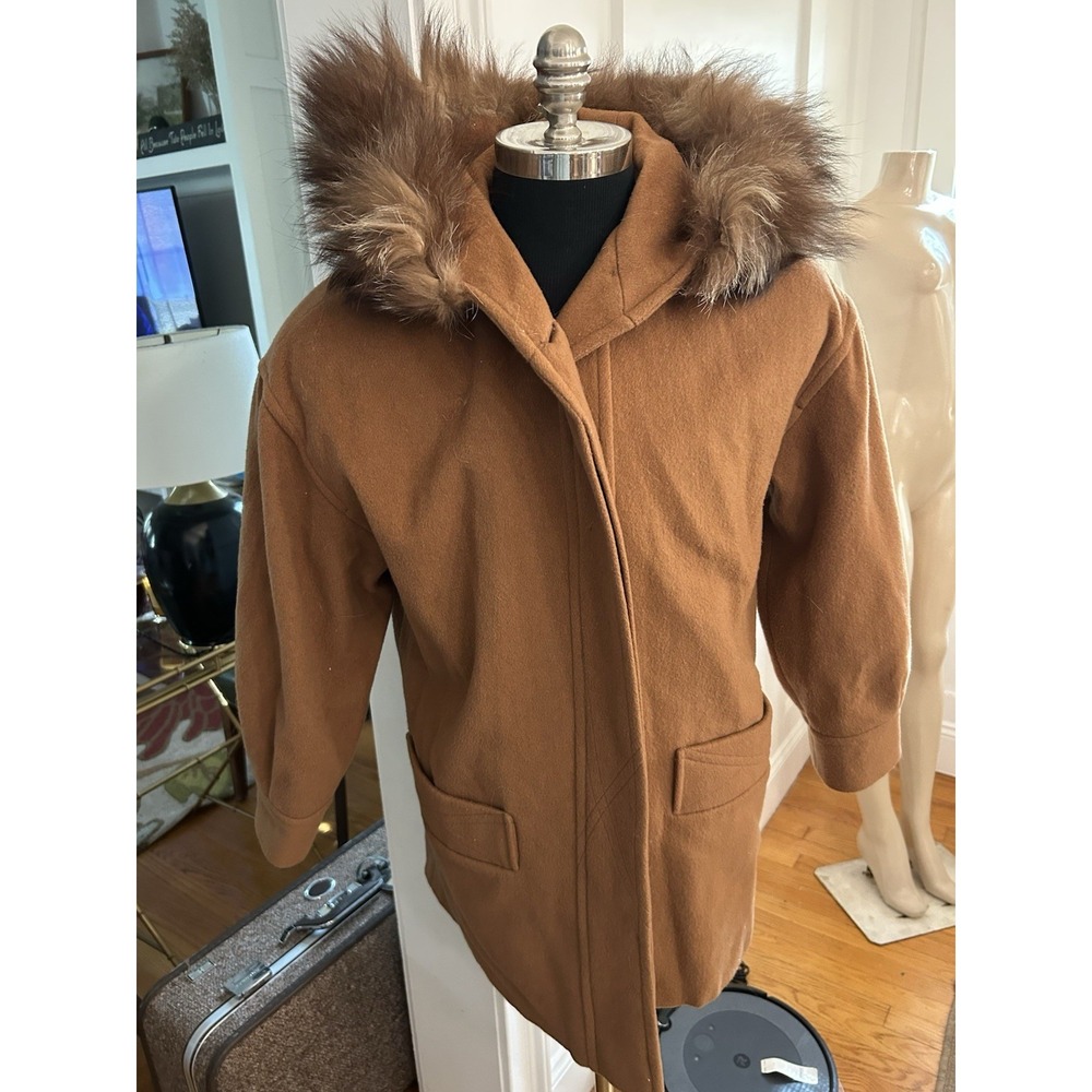 Vtg Brown Hooded Coat Fur Trim Wool Blend FS LIMITED Made USA Sz L
